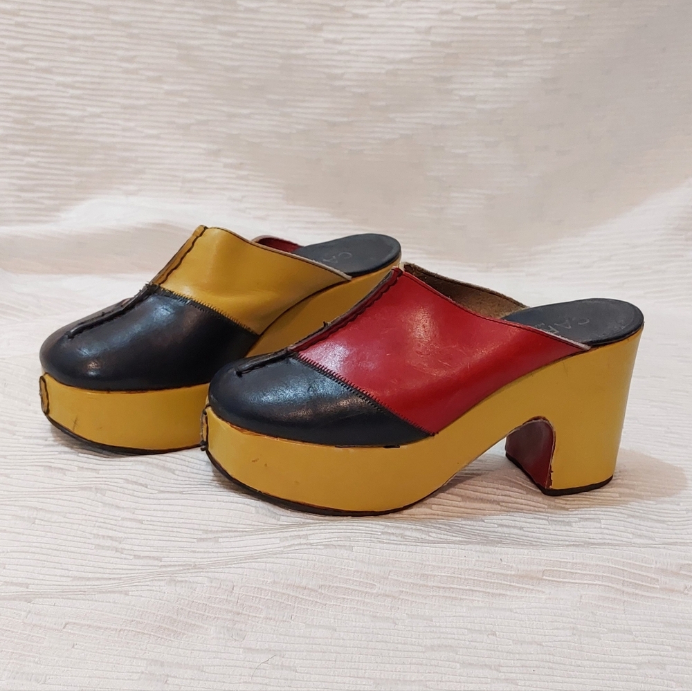 Vintage CARBER 1970's  Colorblock Platform Mules Leather Red Yellow & Black EU37